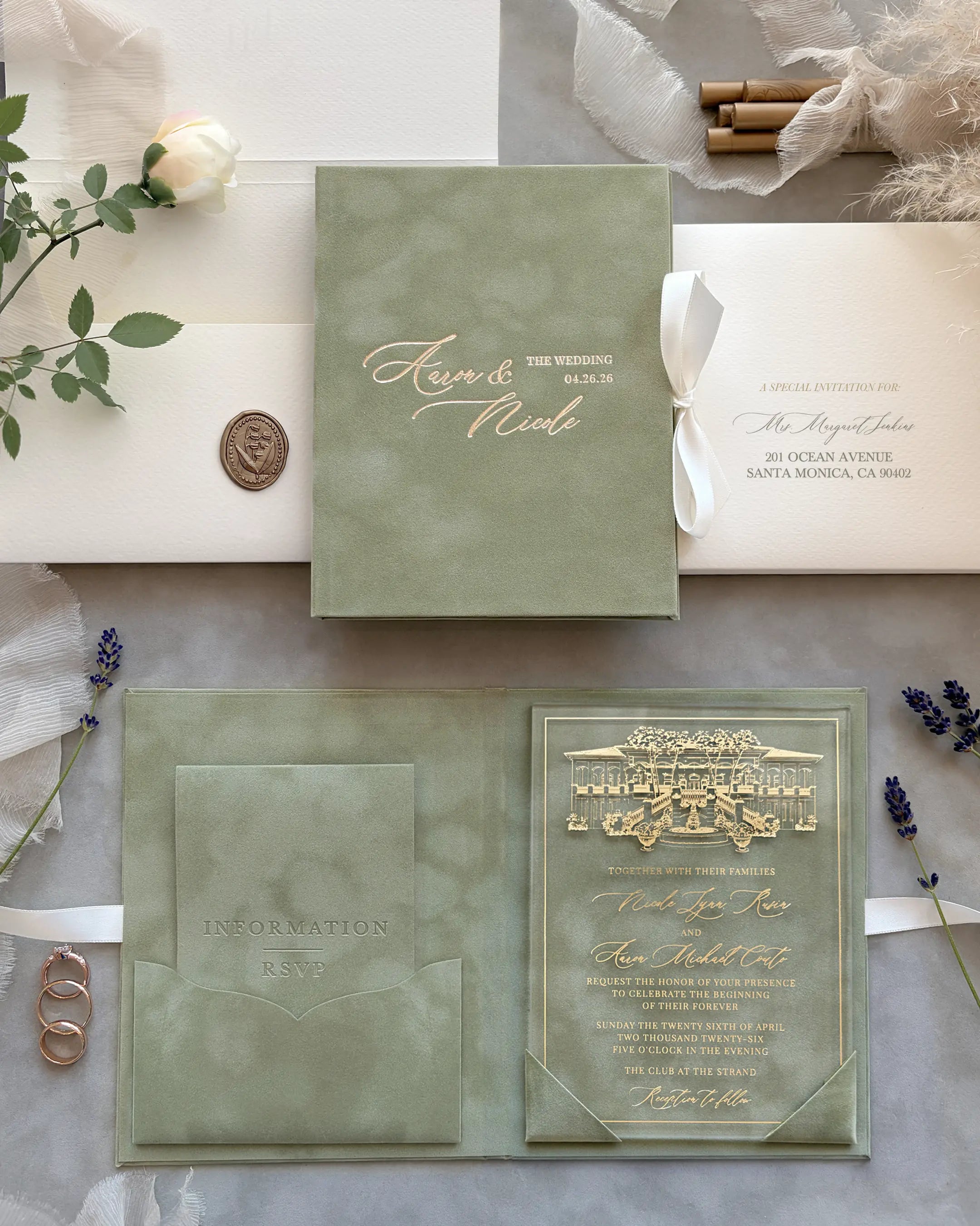 Fiori Folio Sage Green velvet folio wedding invitation with gold foil venue illustration and acrylic insert suite — Polina Perri